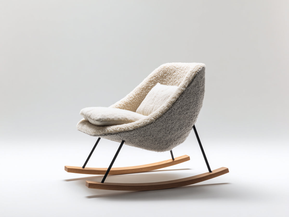 Mecedoras tapizadas 80 x 95 x 90 cm - Crema gris madera natural y negro - Asiento envolvente con base curva de madera