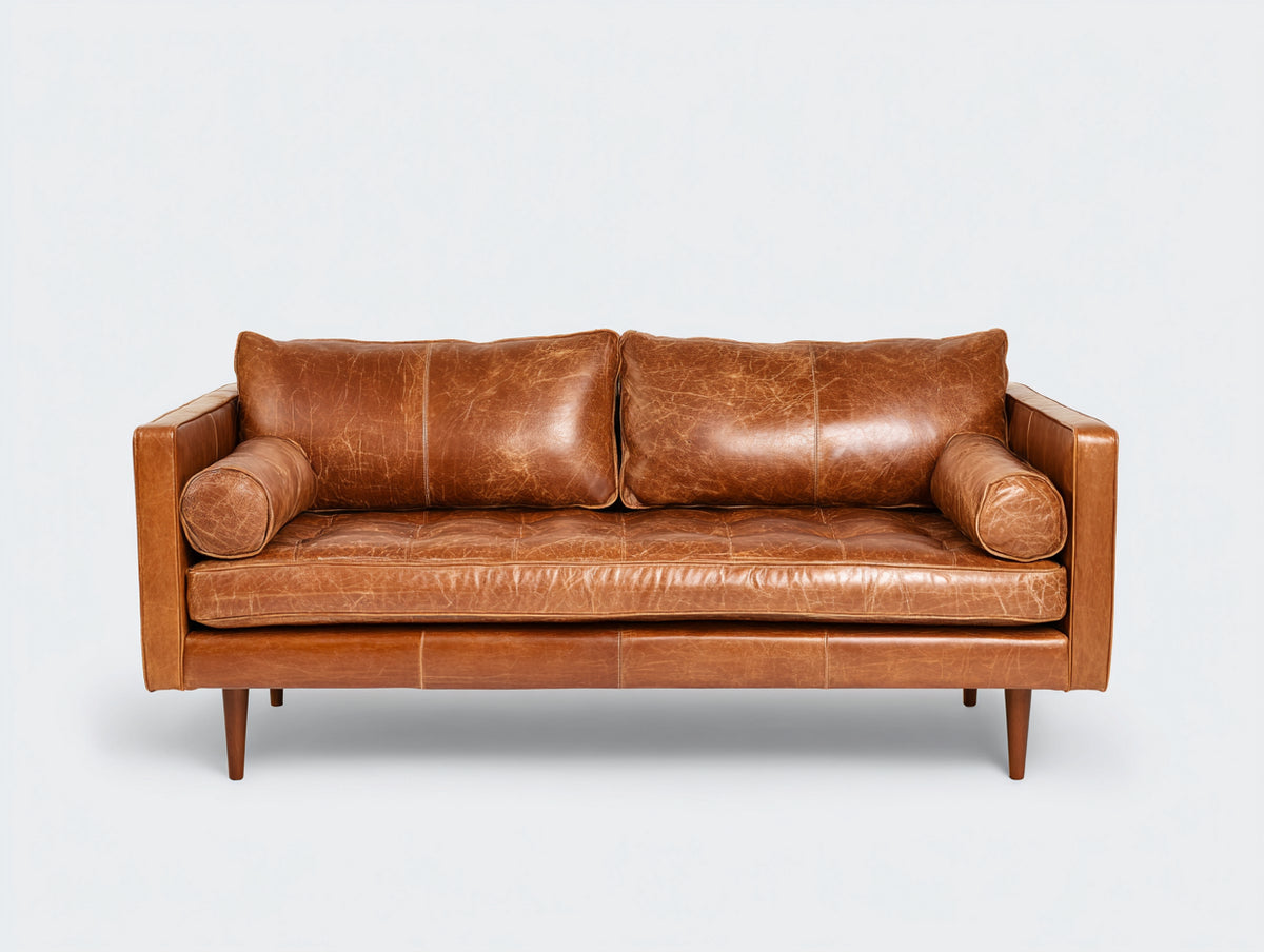Sofás 2 plazas de cuero 190x90x85 cm - marrón coñac - diseño clásico con patas de madera