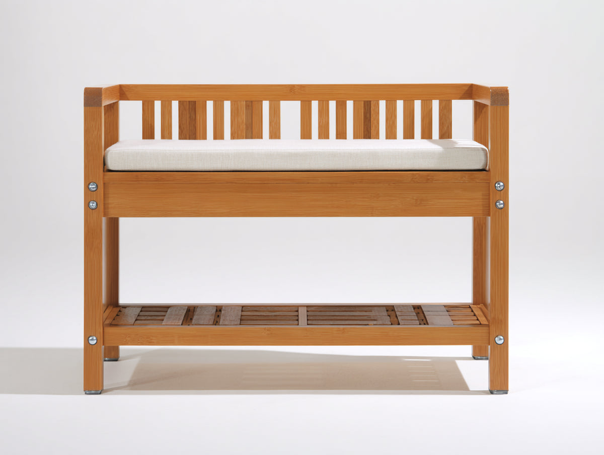 Banco de jardín de bambú 100x50x85 cm - marrón natural y crema - asiento acolchado con estante inferior