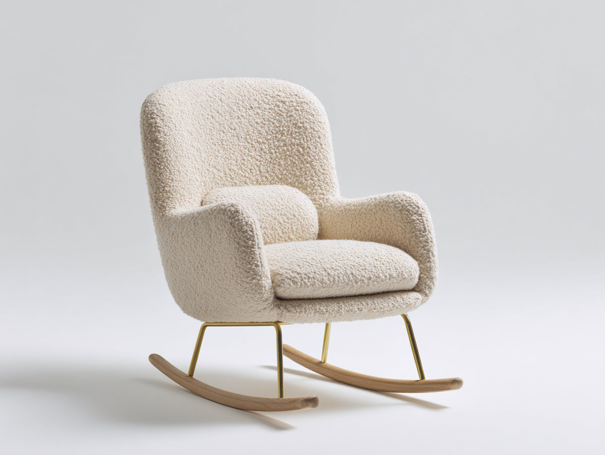 Mecedoras tapizadas 82x95x105 cm - blanco crema-dorado-marrón natural - respaldo alto con patines de madera