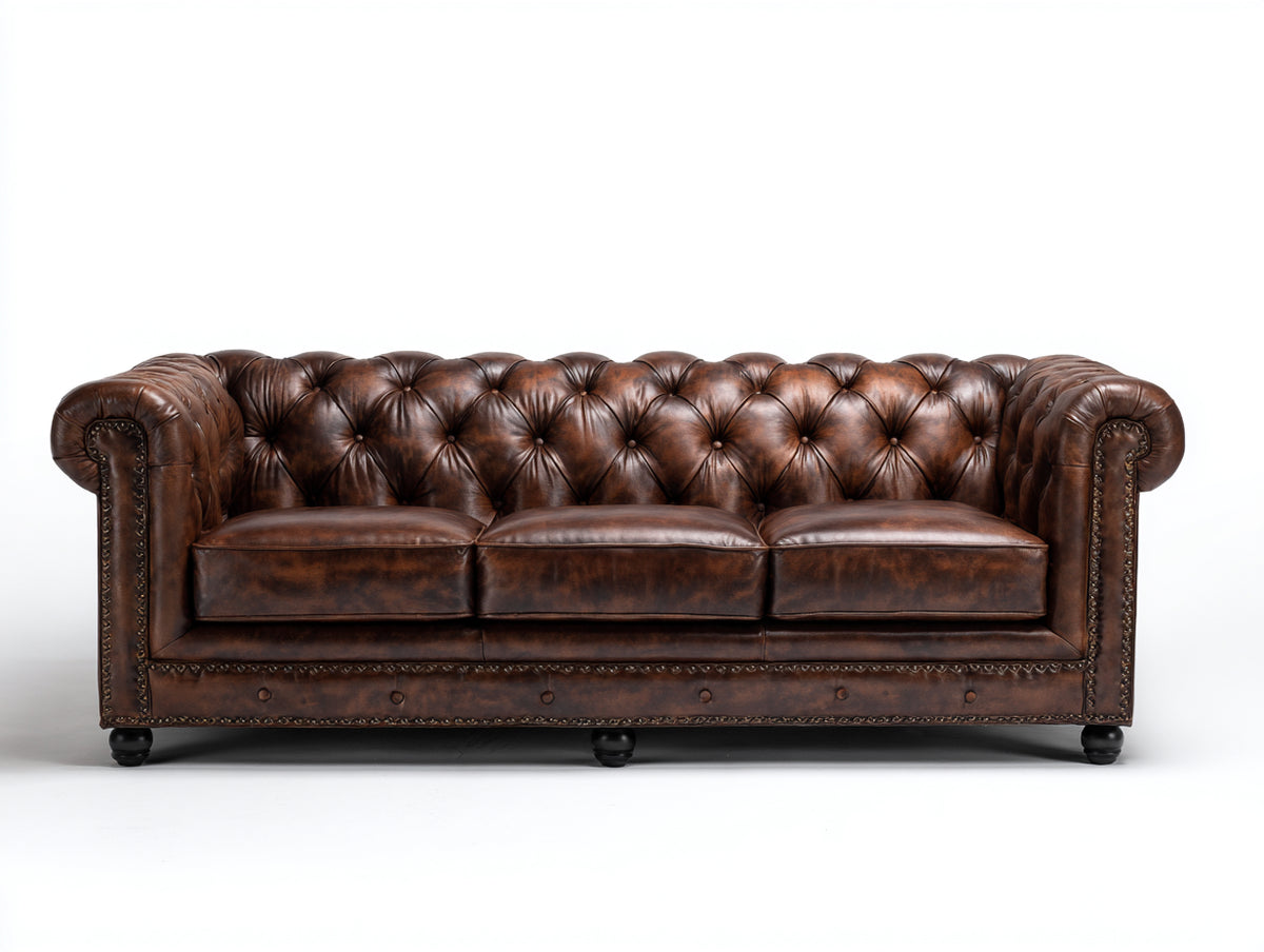 Sofás 3 plazas de cuero 220x90x78 cm - marrón oscuro - diseño clásico para salón