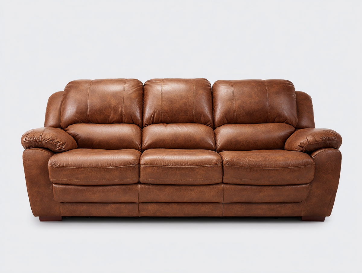 Sofás 3 plazas tapizados en cuero sintético 205x95x92 cm - marrón coñac - diseño acolchado con reposabrazos anchos y respaldo segmentado