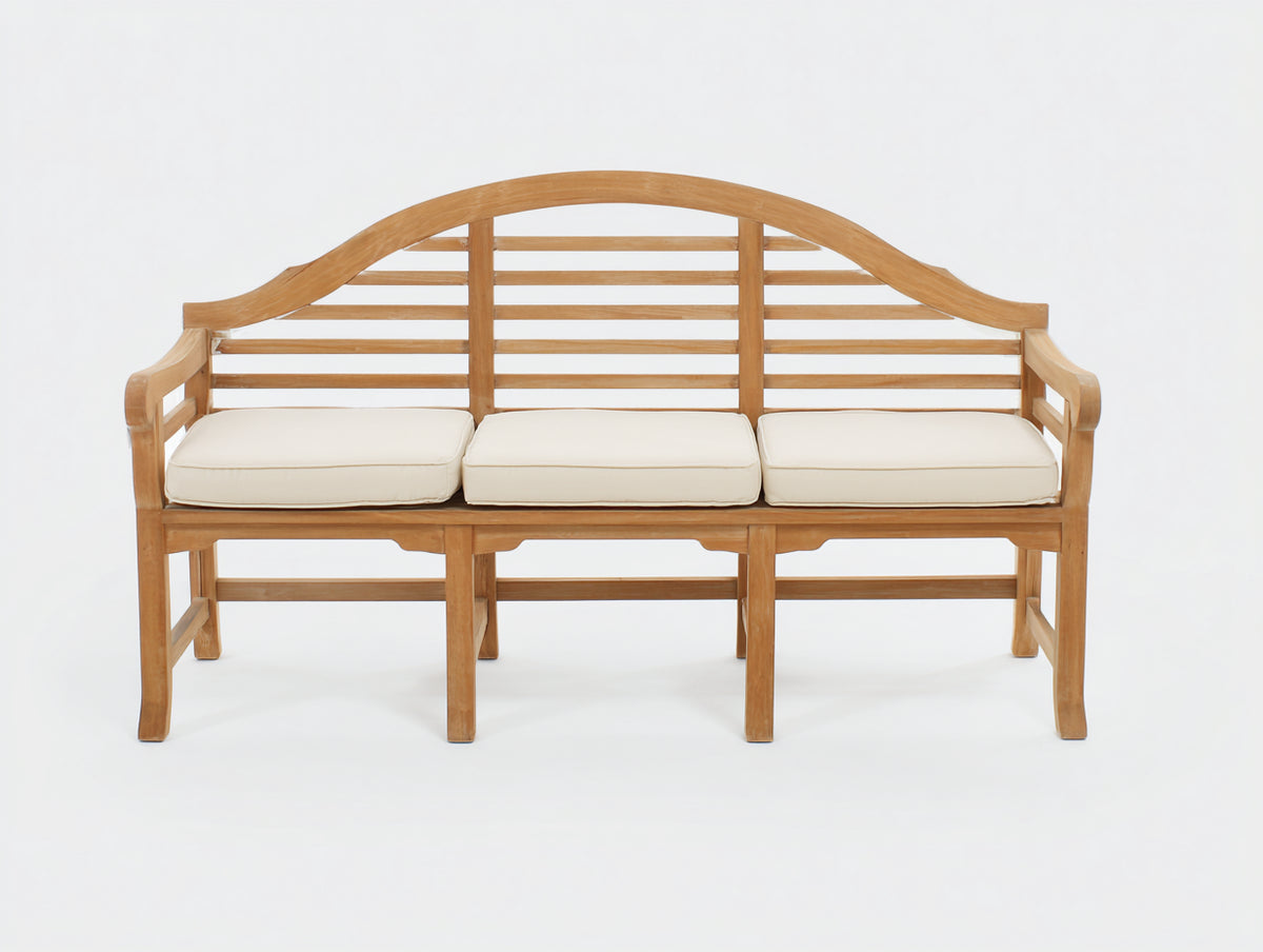 Banco de jardín de madera 150x60x95 cm - marrón natural y crema - diseño de 3 plazas con respaldo arqueado