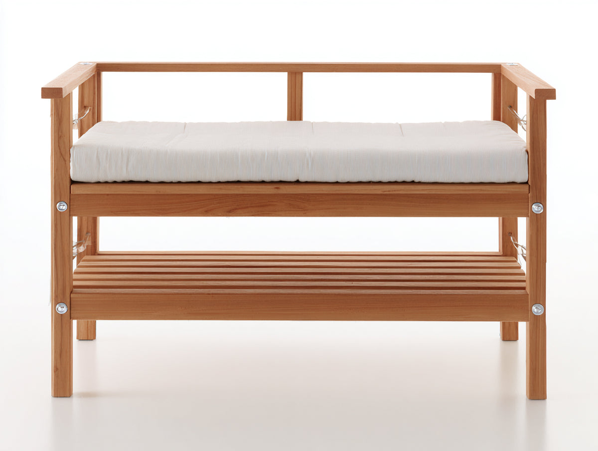 Bancos de jardín de madera 120 x 60 x 85 cm - Marrón natural y blanco crema - Asiento acolchado con estante inferior