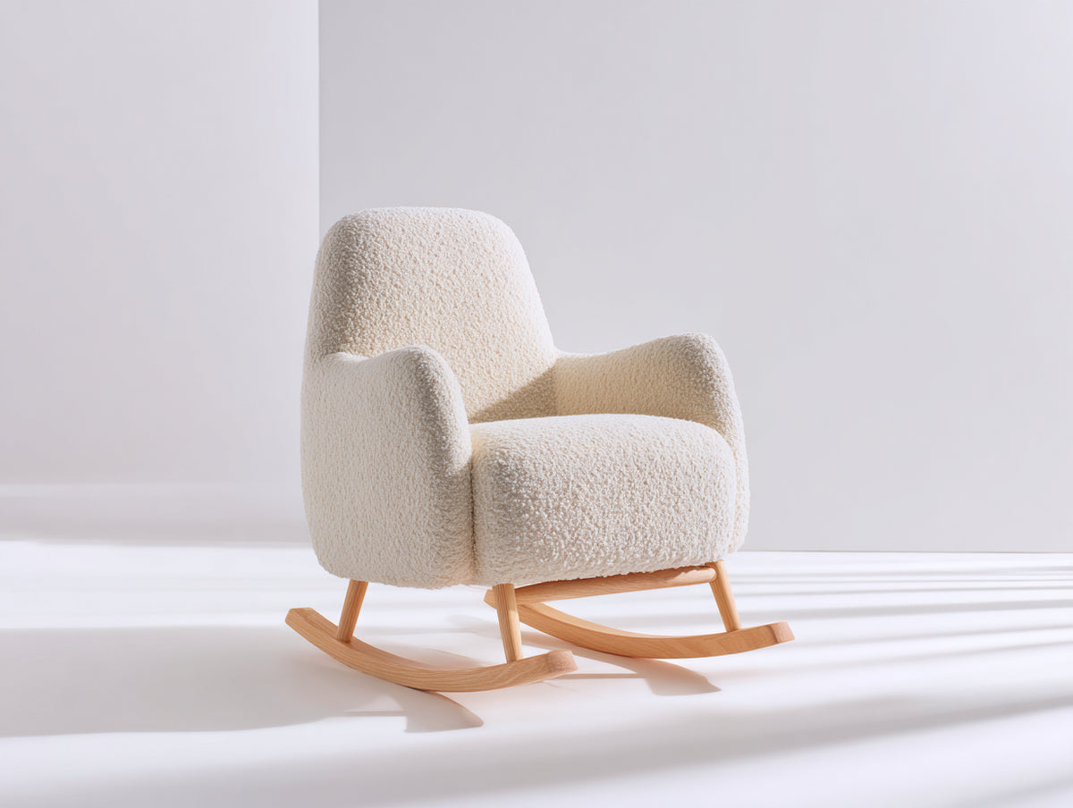 Mecedoras tapizadas 76 x 88 x 92 cm - Crema y madera natural - Diseño envolvente con base curva de madera