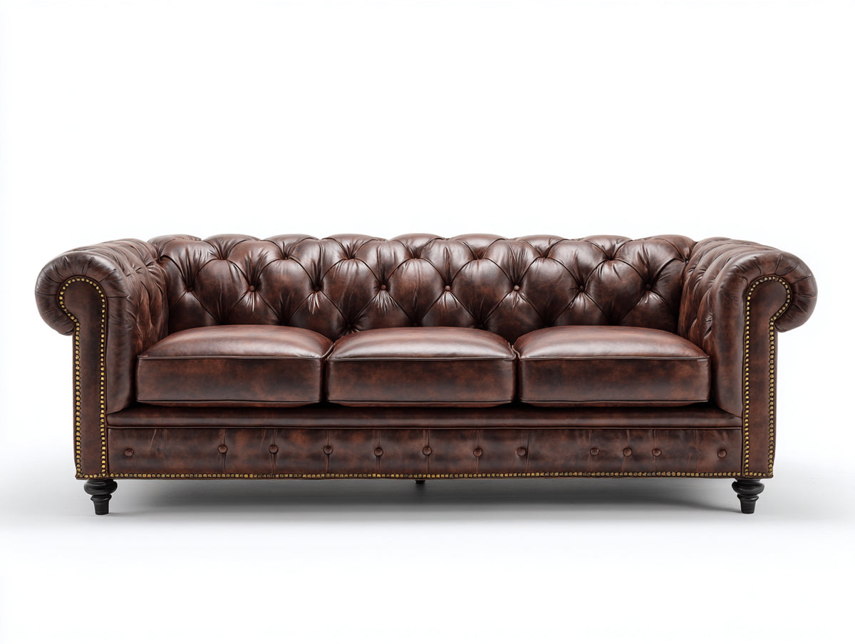 Sofás 3 plazas de cuero 225x95x80 cm - marrón oscuro - estilo Chesterfield con capitoné y brazos enrollados