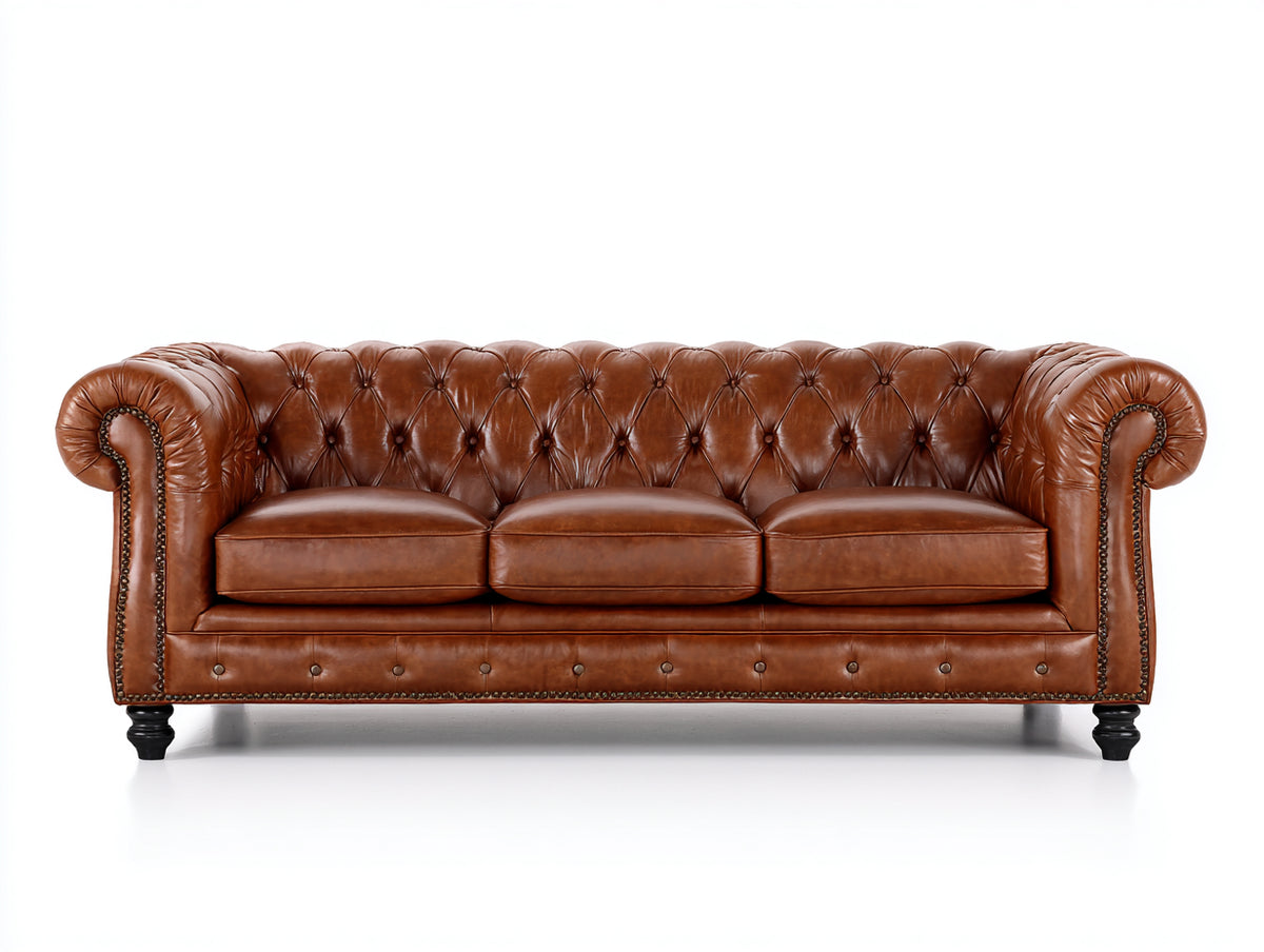 Sofás 3 plazas de cuero 225x95x80 cm - marrón coñac - estilo Chesterfield con capitoné y brazos enrollados