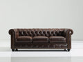 Sofás 3 plazas tapizados 218 x 92 x 78 cm - Marrón oscuro y negro - Estilo Chesterfield con capitoné y brazos enrollados