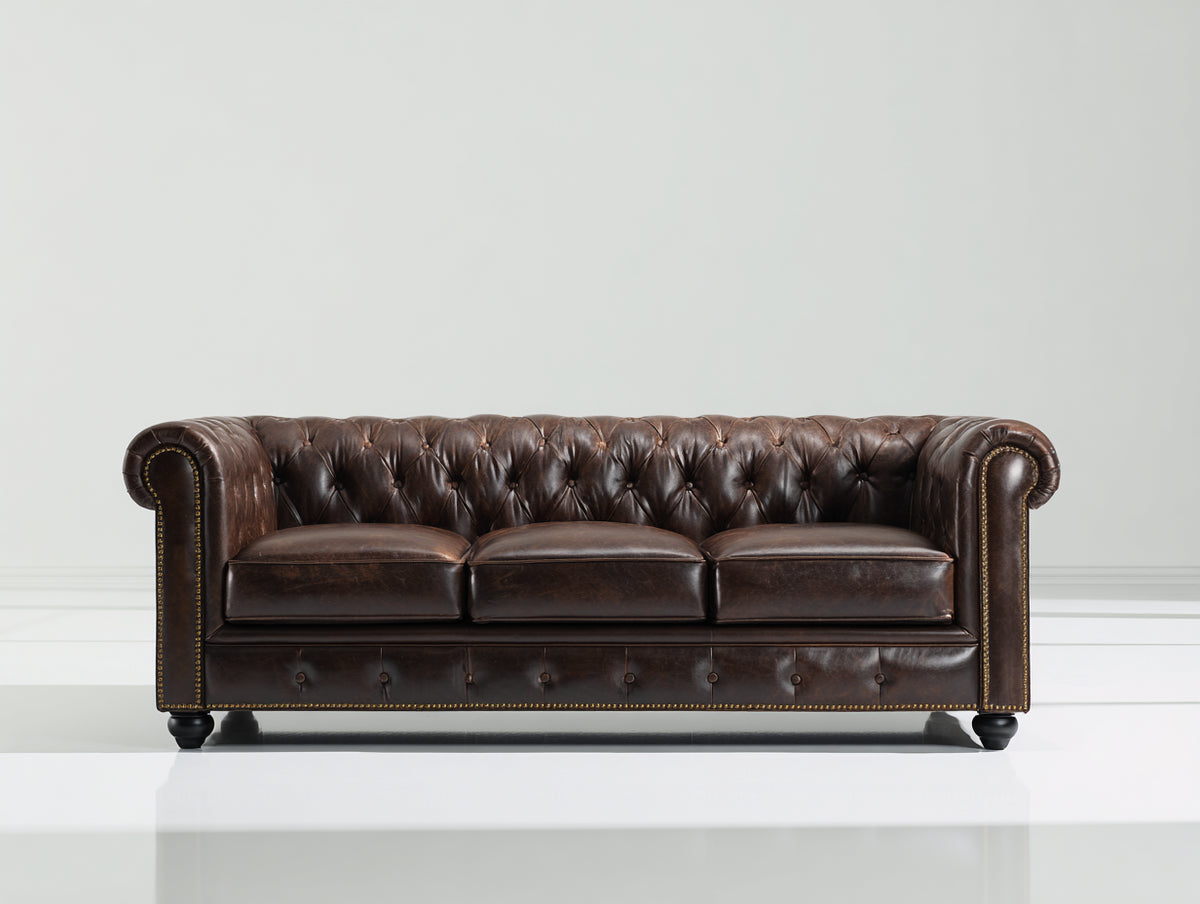 Sofás 3 plazas tapizados 218 x 92 x 78 cm - Marrón oscuro y negro - Estilo Chesterfield con capitoné y brazos enrollados
