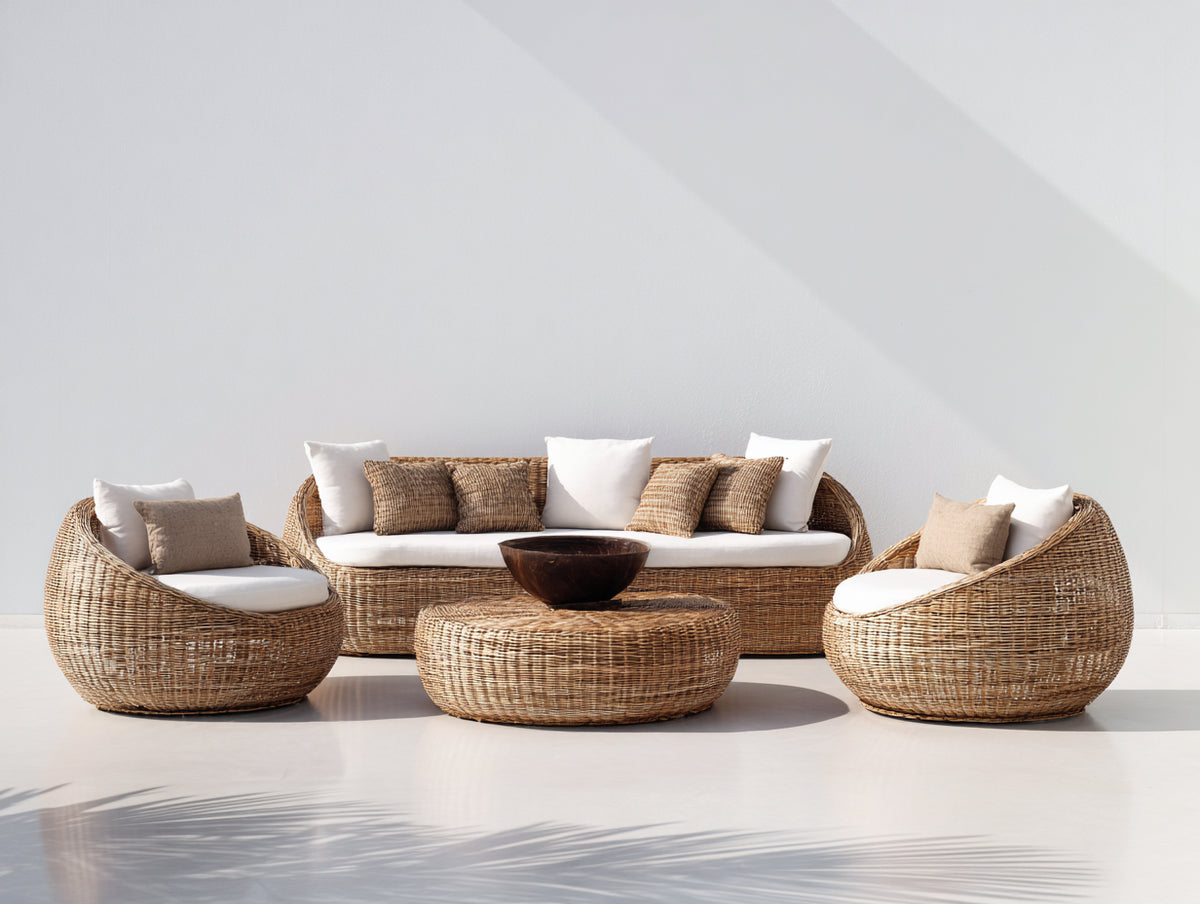 Sofás de exterior de ratán 220x90x85 cm - marrón natural - conjunto de 4 piezas con mesa redonda