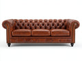 Sofás 3 plazas tapizados en cuero sintético 218x92x80 cm - marrón coñac - diseño Chesterfield con capitoné y reposabrazos enrollados