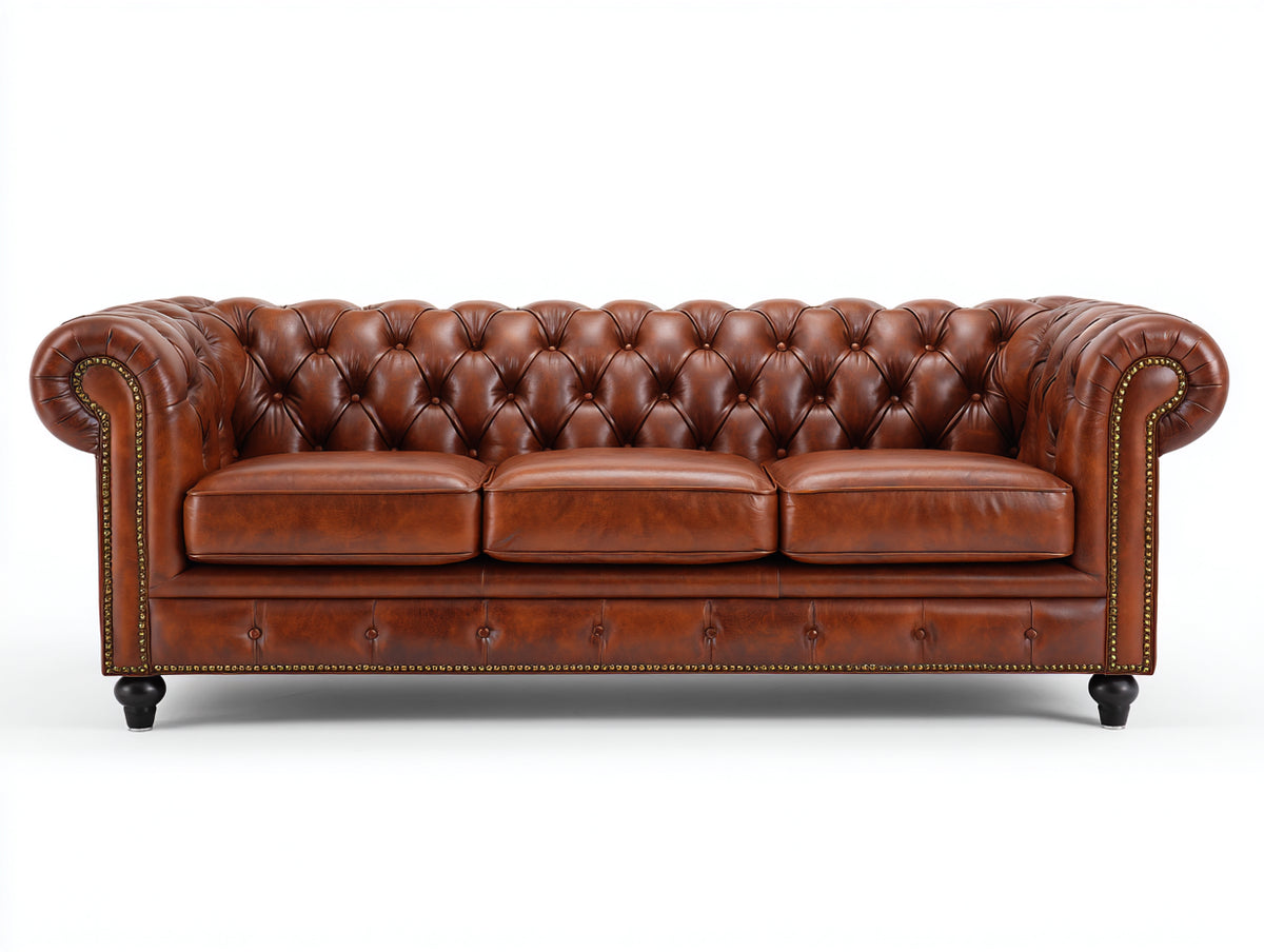 Sofás 3 plazas tapizados en cuero sintético 218x92x80 cm - marrón coñac - diseño Chesterfield con capitoné y reposabrazos enrollados