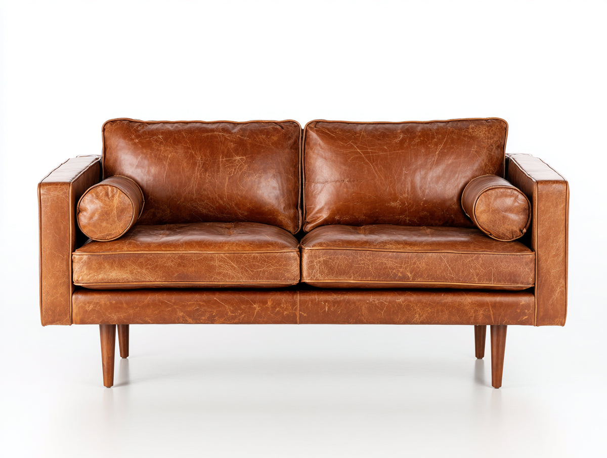 Sofás 2 plazas tapizados 165 x 84 x 82 cm - Marrón coñac - Efecto cuero con patas de madera y diseño vintage