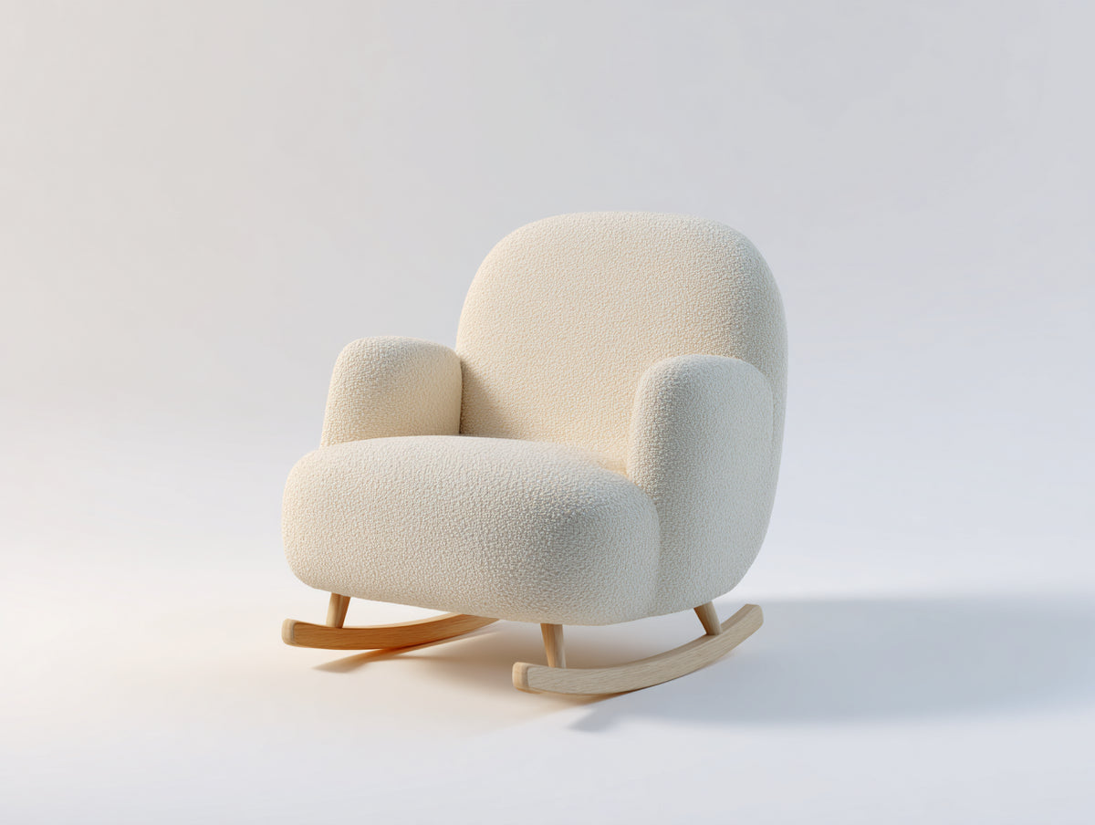 Mecedoras tapizadas en tejido bouclé 78x88x92 cm - crema y madera natural - diseño redondeado con base curva de madera