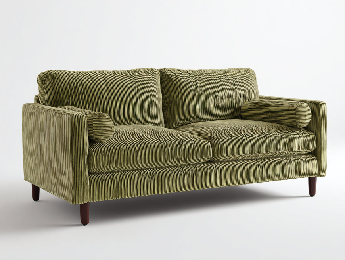 Sofás 2 plazas de pana 200x95x85 cm - verde oliva-marrón oscuro - diseño moderno con patas de madera