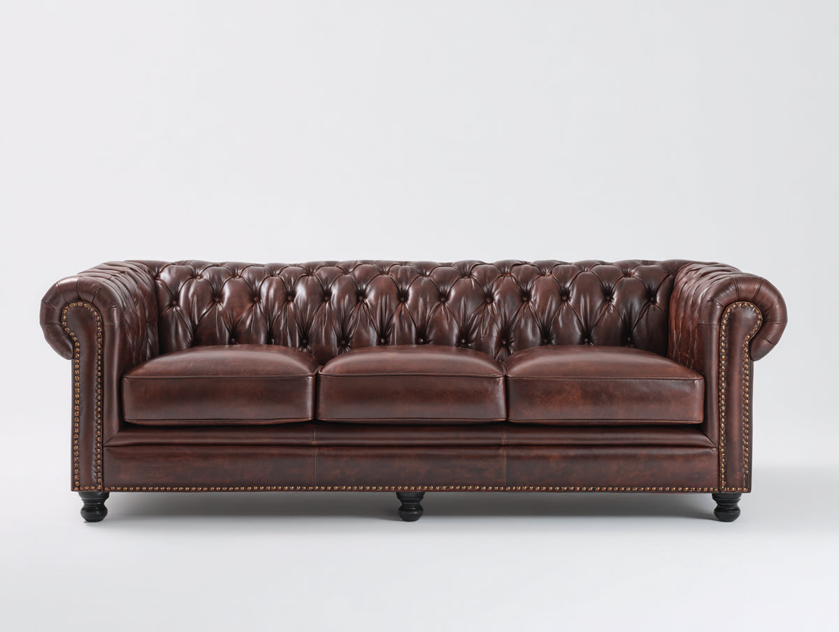 Sofás 3 plazas de cuero 225x96x80 cm - Marrón oscuro - Diseño Chesterfield capitoné con reposabrazos enrollados