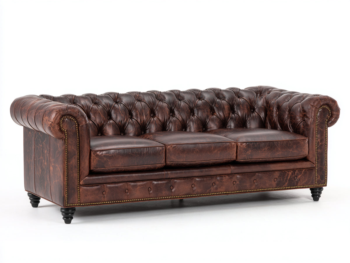 Sofás 3 plazas de cuero 225x95x78 cm - Marrón envejecido - Diseño Chesterfield capitoné clásico