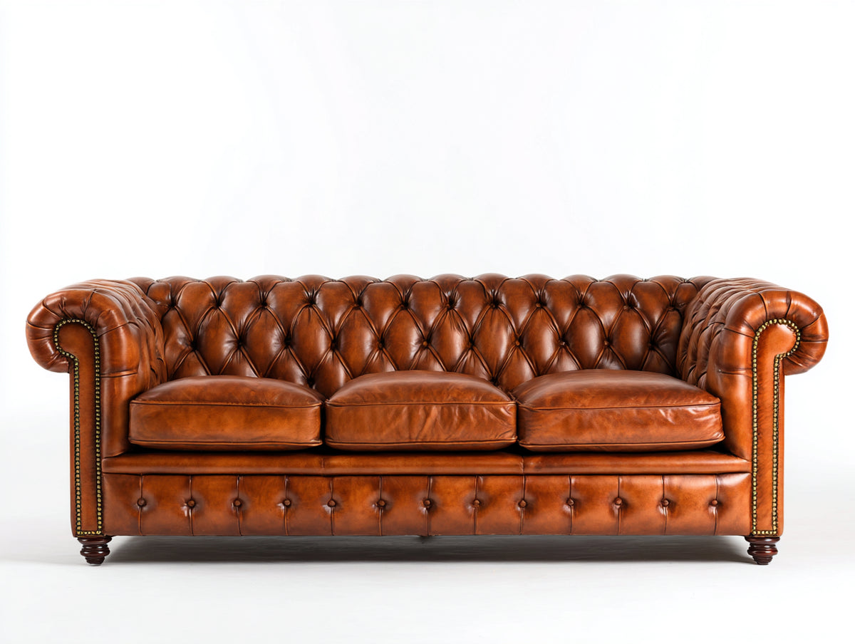 Sofás 3 plazas tapizados 222 x 94 x 79 cm - Marrón coñac y dorado - Estilo Chesterfield con capitoné y brazos enrollados