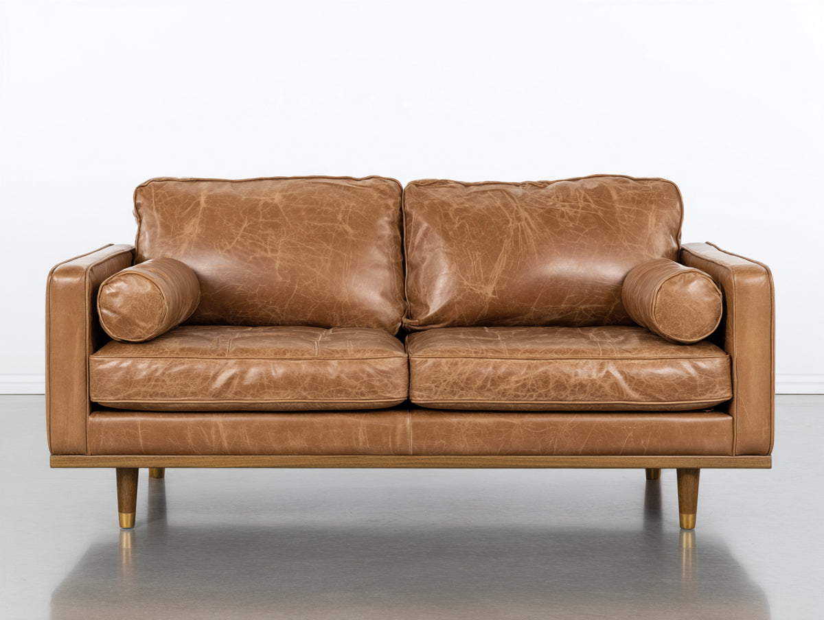 Sofás 2 plazas de cuero 180x90x85 cm - Marrón coñac - Diseño moderno con patas de madera