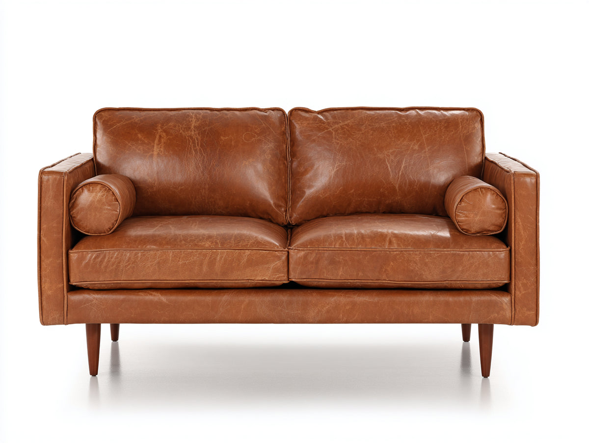 Sofás 2 plazas de cuero 180x90x85 cm - marrón coñac - diseño clásico con patas de madera