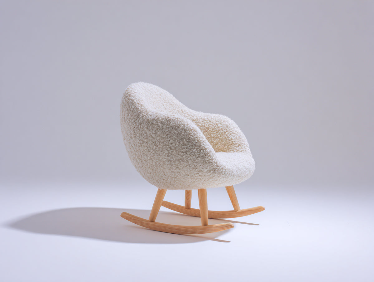 Mecedoras tapizadas en tejido bouclé 72x82x84 cm - crema y madera natural - diseño envolvente con base curva de madera